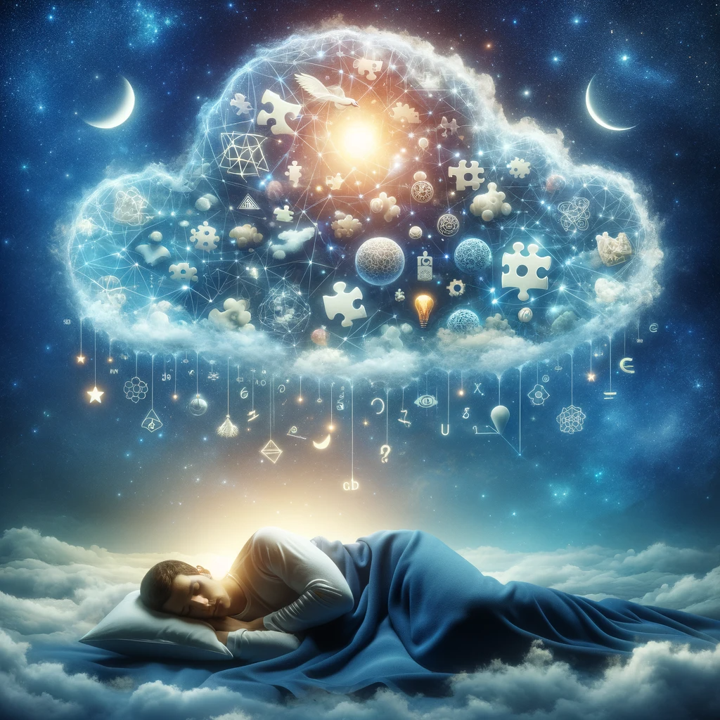 Here's the image, visually interpreting the concept of the subconscious mind working during sleep to solve problems.